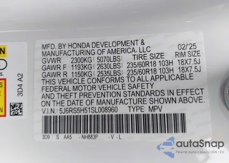 2025 Honda Cr-V Hybrid Sport from USA, damaged, VIN 5J6RS5H51SL008960